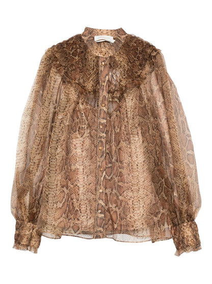 Zimmermann Silk Snake-Print Ruffled Shirt Brown brown