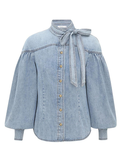 Zimmermann Denim Tie-Neck Blouse Clear Blue