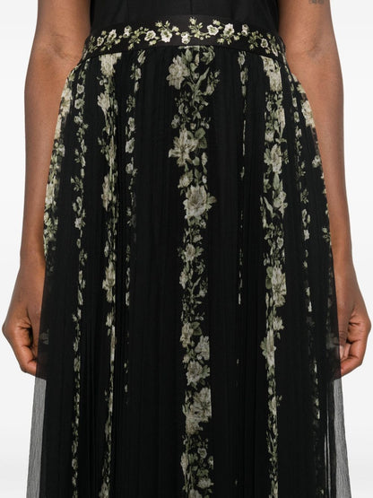 Alice + Olivia Floral-Print Pleated Midi Skirt Black