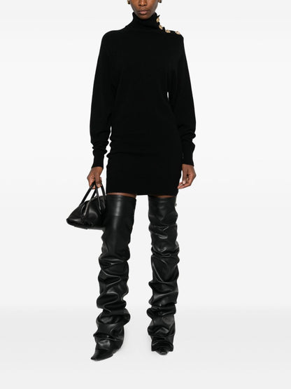 Balmain Black Cashmere-Blend Roll-Neck Button-Embellished Midi Dress Black