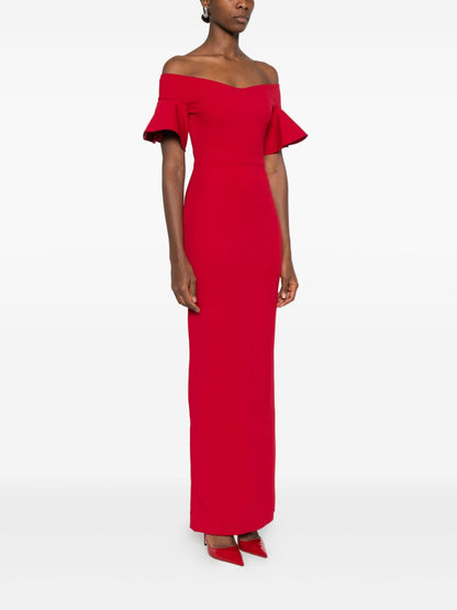 Solace London Cielo Off-Shoulder Ruffled Maxi Dress Red