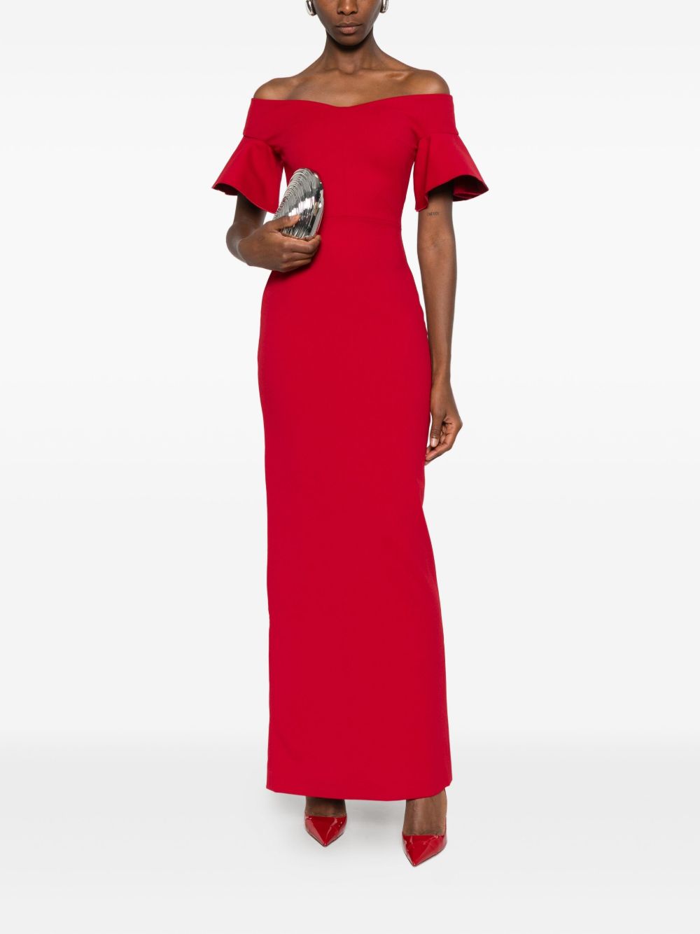 Solace London Cielo Off-Shoulder Ruffled Maxi Dress Red