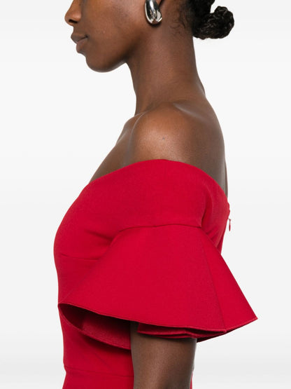 Solace London Cielo Off-Shoulder Ruffled Maxi Dress Red