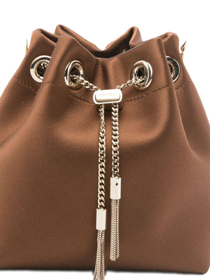 Jimmy Choo Bon Bon Leather Bucket Bag with Tassel and Chain Strap Brown