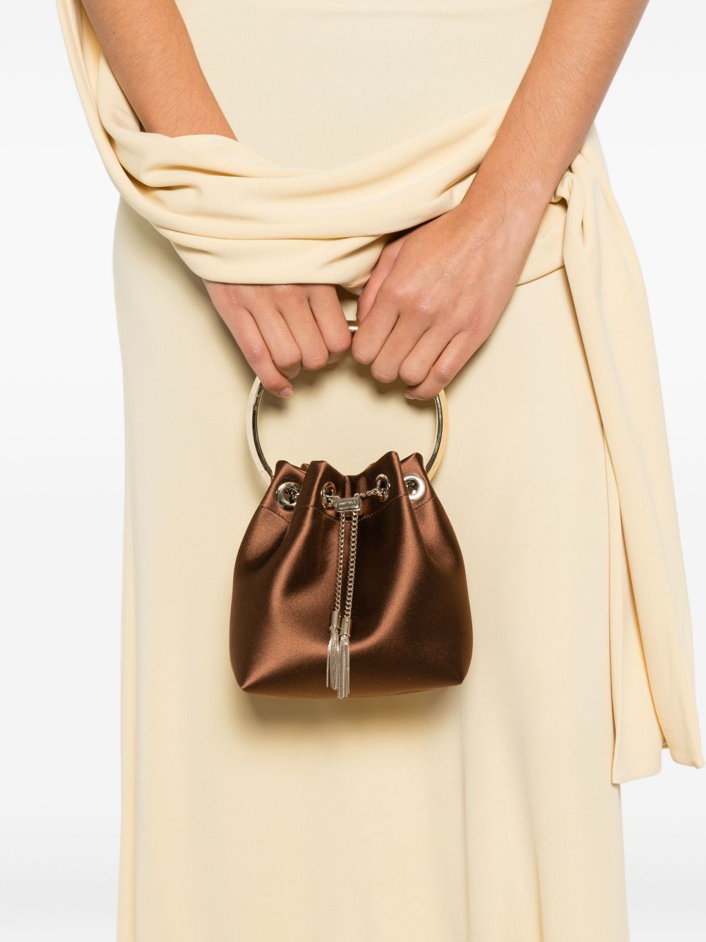 Jimmy Choo Bon Bon Leather Bucket Bag with Tassel and Chain Strap Brown
