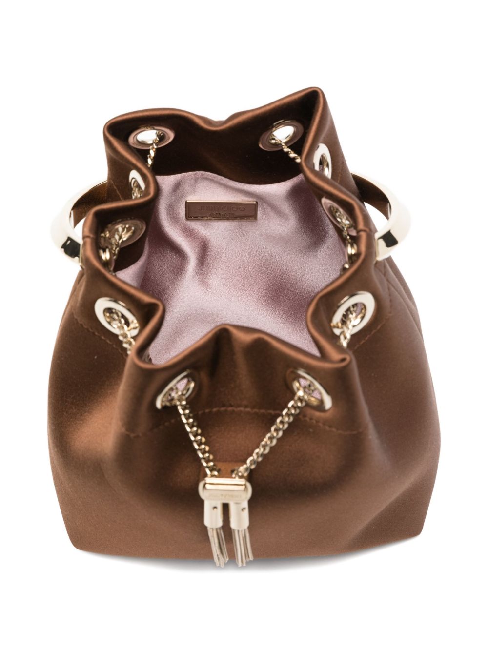 Jimmy Choo Bon Bon Leather Bucket Bag with Tassel and Chain Strap Brown