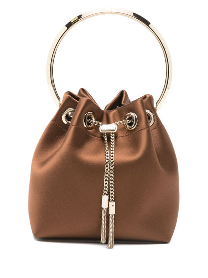 Jimmy Choo Bon Bon Leather Bucket Bag with Tassel and Chain Strap Brown