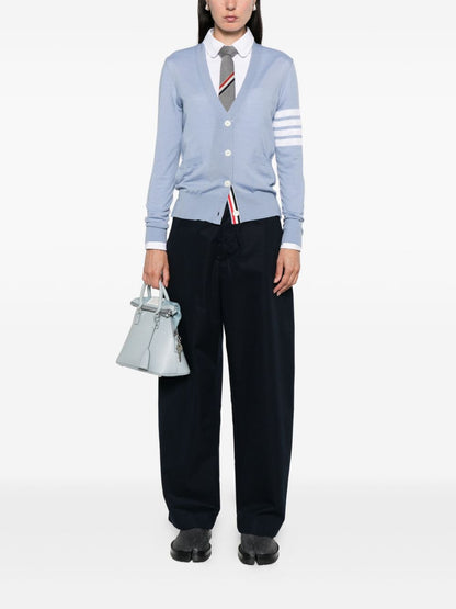Thom Browne Virgin Wool Cardigan in Clear Blue with V-Neck and Button Fastening Clear Blue