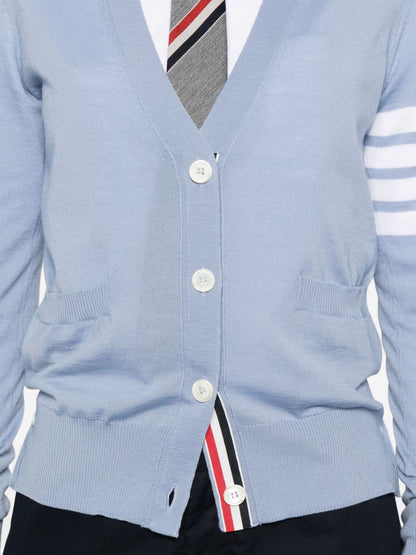 Thom Browne Virgin Wool Cardigan in Clear Blue with V-Neck and Button Fastening Clear Blue