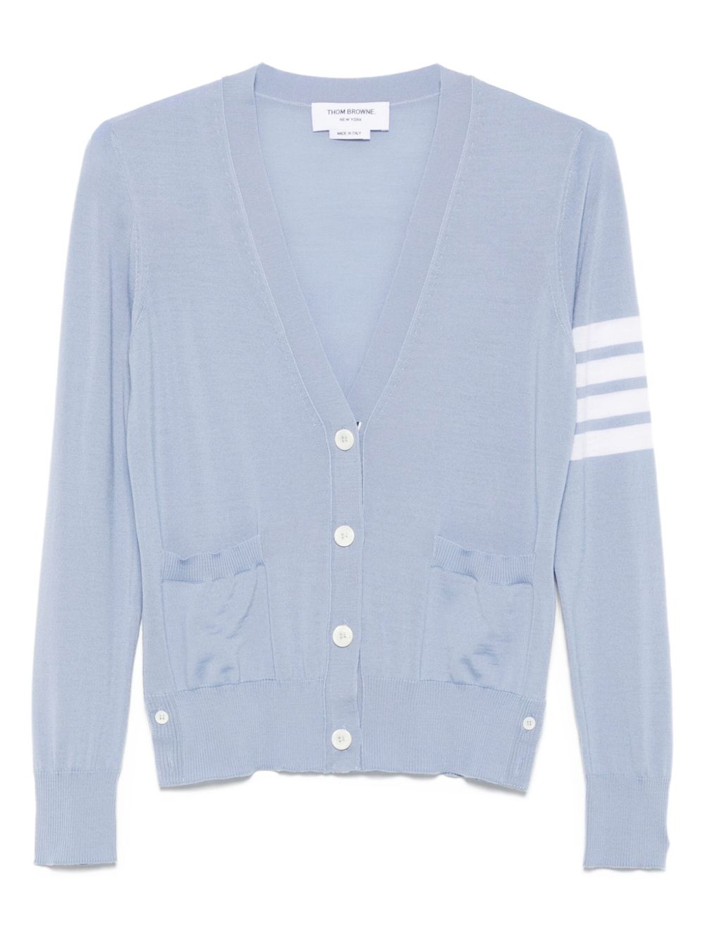 Thom Browne Virgin Wool Cardigan in Clear Blue with V-Neck and Button Fastening Clear Blue