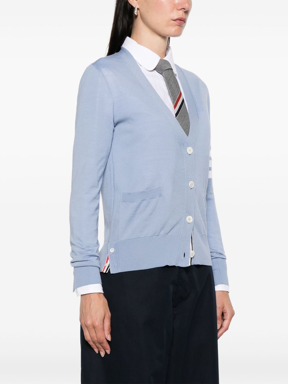 Thom Browne Virgin Wool Cardigan in Clear Blue with V-Neck and Button Fastening Clear Blue