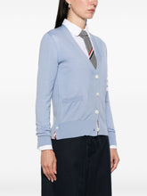 Thom Browne Virgin Wool Cardigan in Clear Blue with V-Neck and Button Fastening Clear Blue