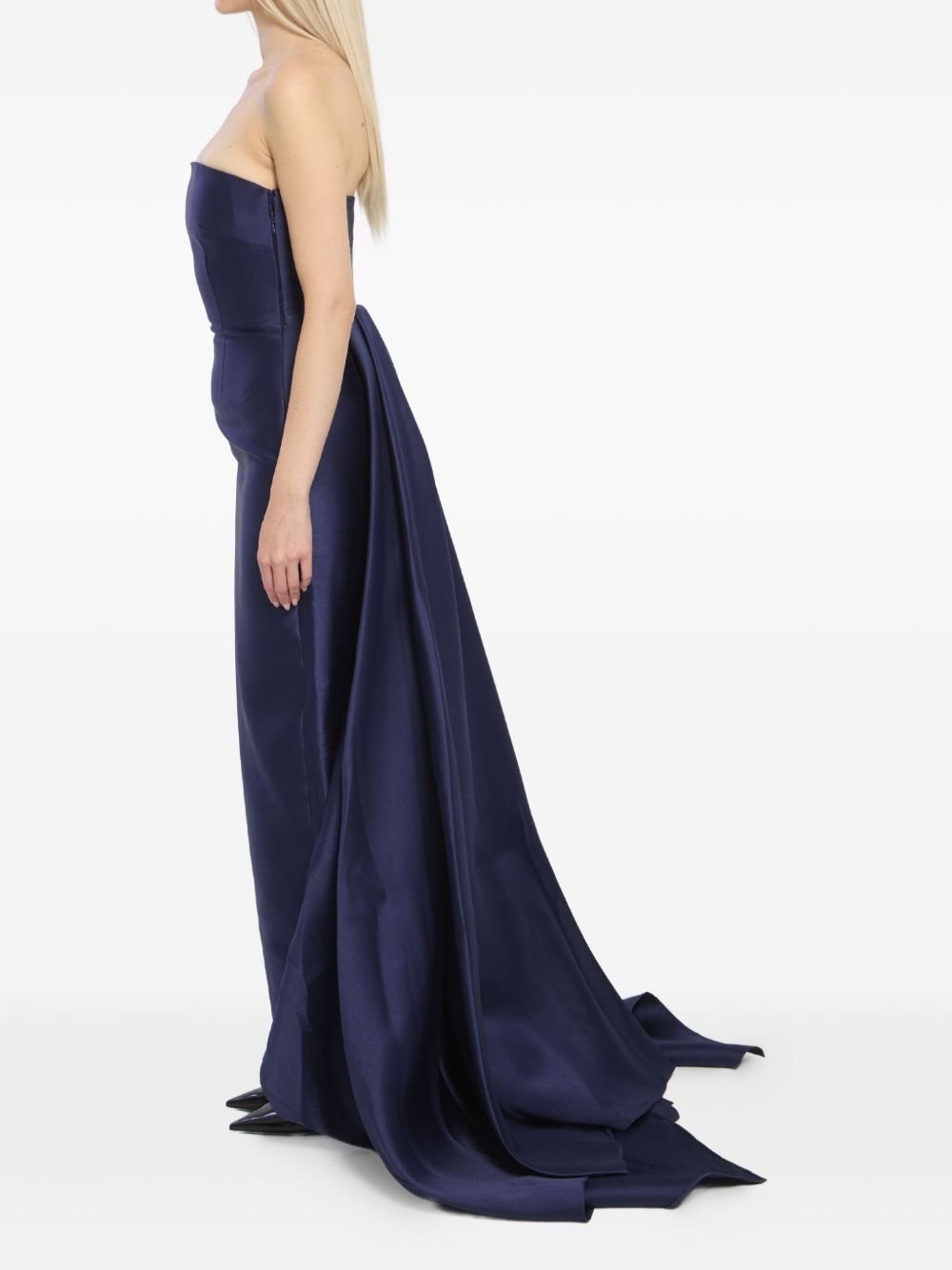 Solace London Imani Navy Maxi Dress with Double Train and Back Slit Blue