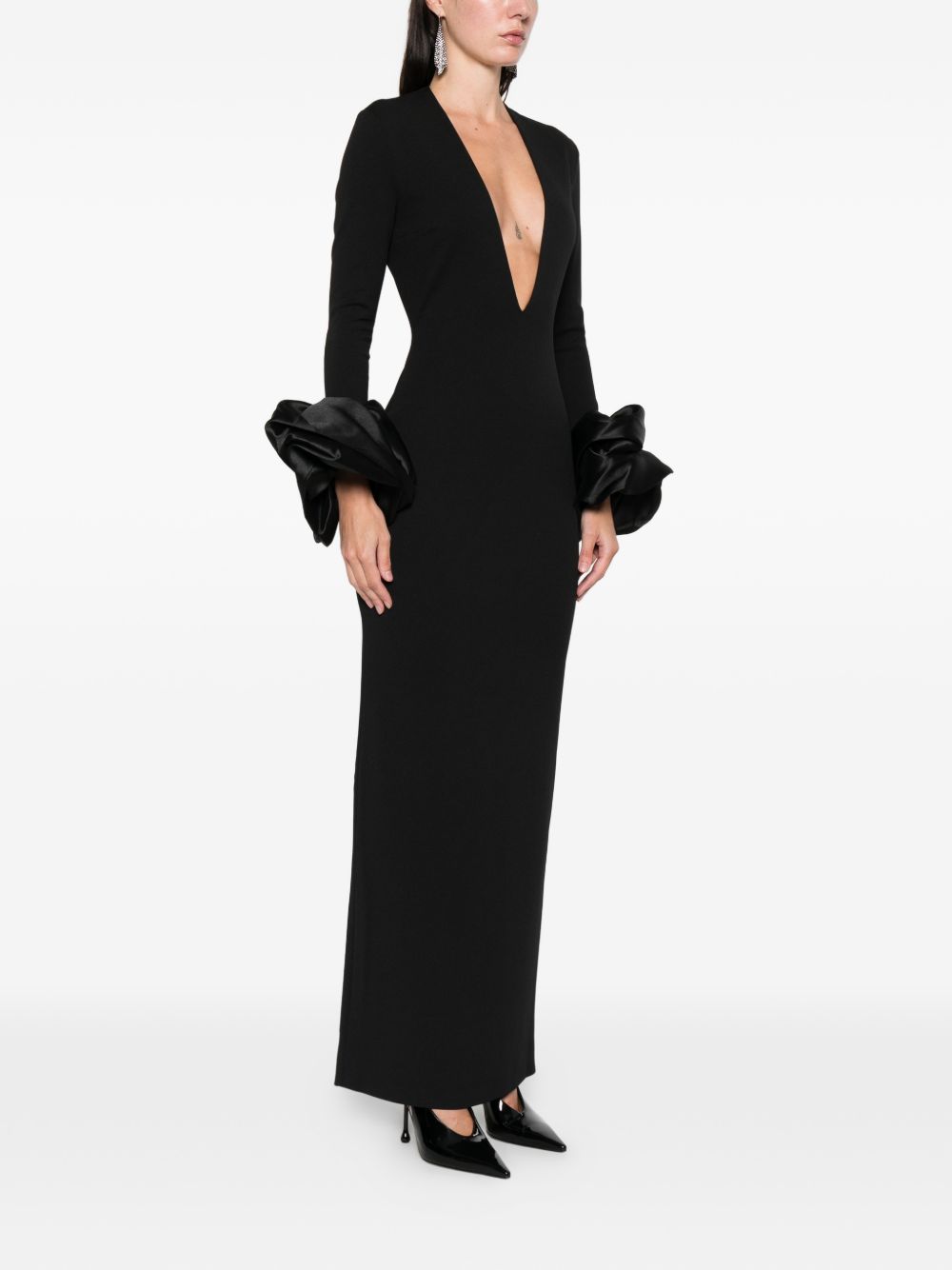 Solace London Valerie V-Neck Midi Dress With Ruffled Cuffs Black