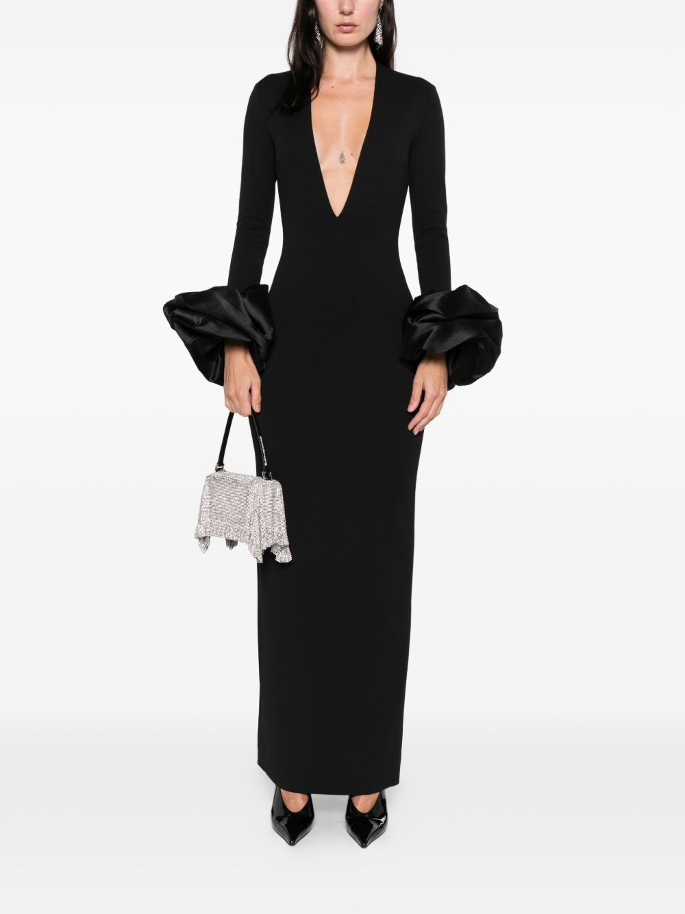 Solace London Valerie V-Neck Midi Dress With Ruffled Cuffs Black