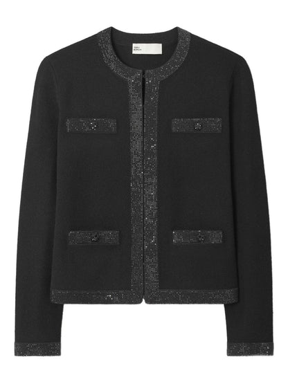 Tory Burch Embellished-Trim Wool Cardigan Black Black