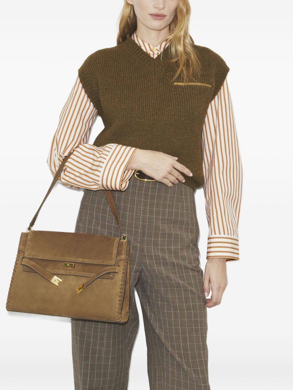 Tory Burch Lee Radziwill Suede and Nappa Leather Shoulder Bag Light Brown