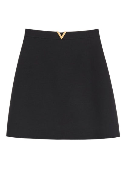 Valentino VLogo Signature Black Wool and Silk Midi Skirt with Gold-Tone Hardware Black