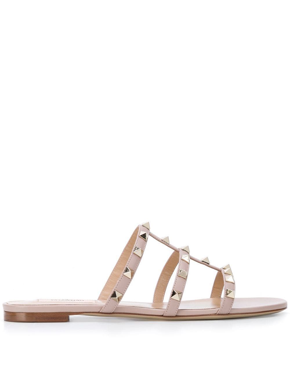 Valentino Garavani Rockstud Powder Pink Leather Flat Sandals Powder