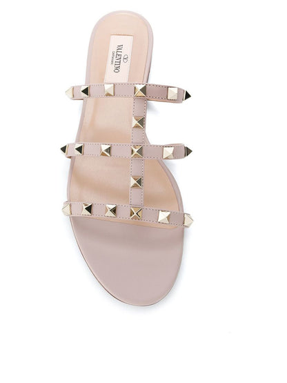 Valentino Garavani Rockstud Powder Pink Leather Flat Sandals Powder