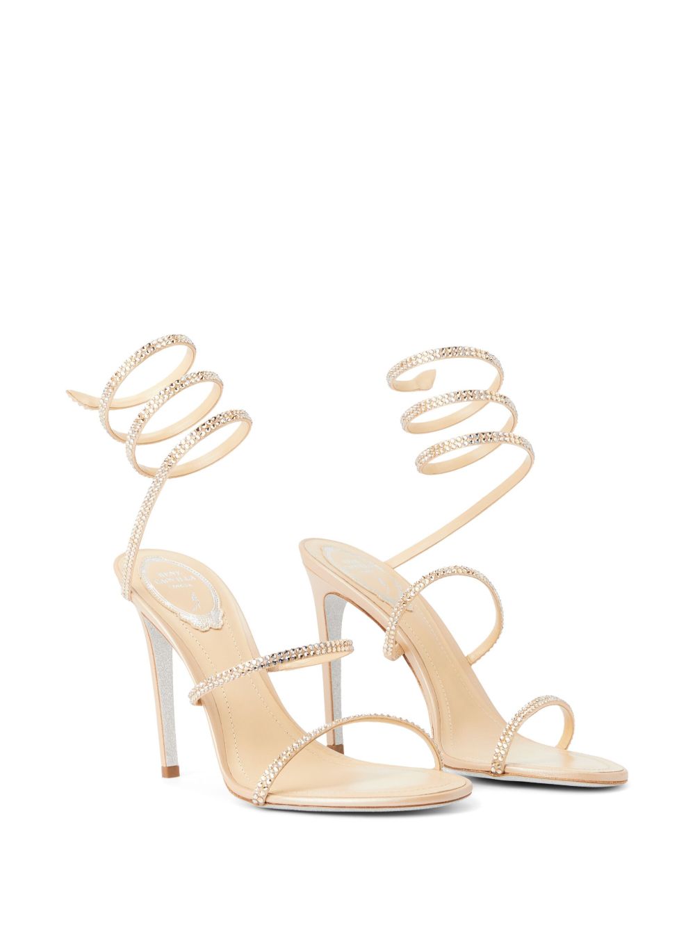 René Caovilla Cleo Rhinestone Embellished Leather Stiletto-Heel Sandals Beige