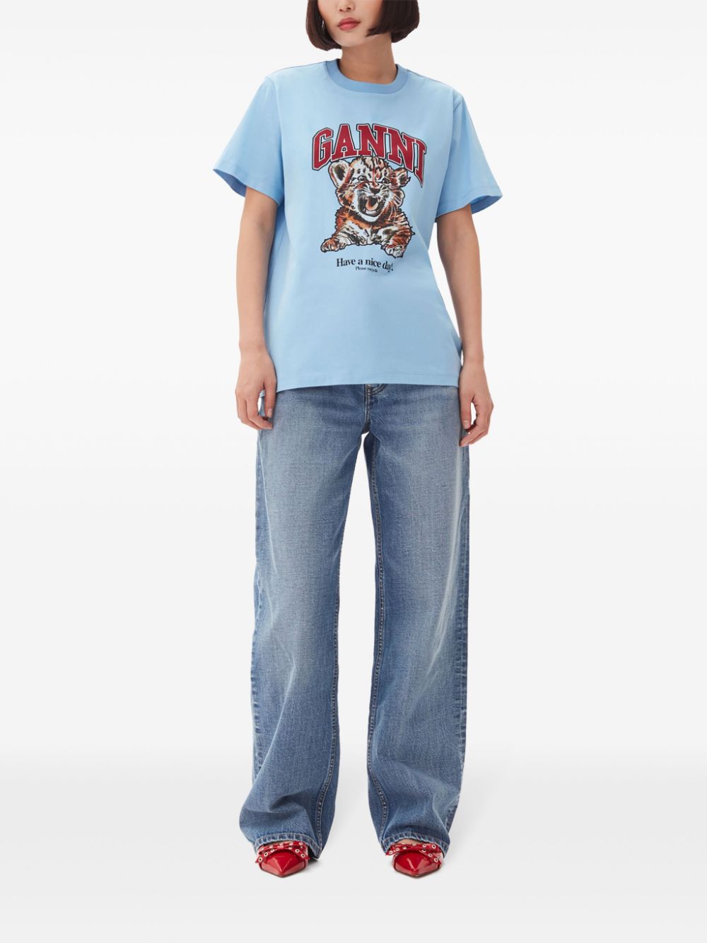 Ganni Tiger Organic Cotton T-Shirt Clear Blue