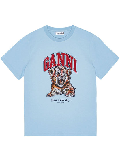 Ganni Tiger Organic Cotton T-Shirt Clear Blue