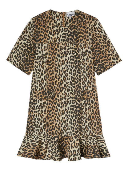 Ganni Leopard Print Organic Mini Dress Brown