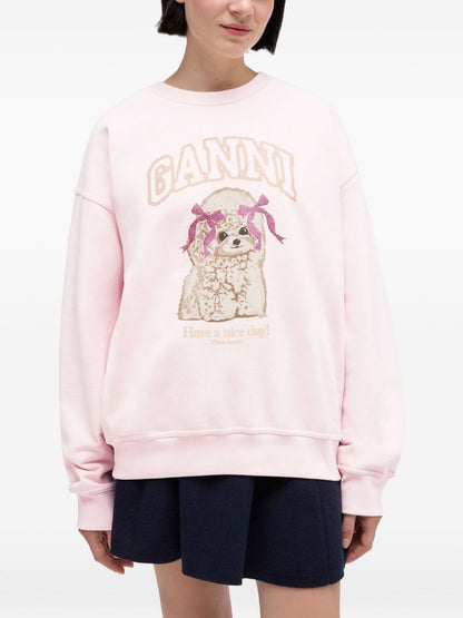 Ganni Graphic-Print Organic Cotton Sweater Pink