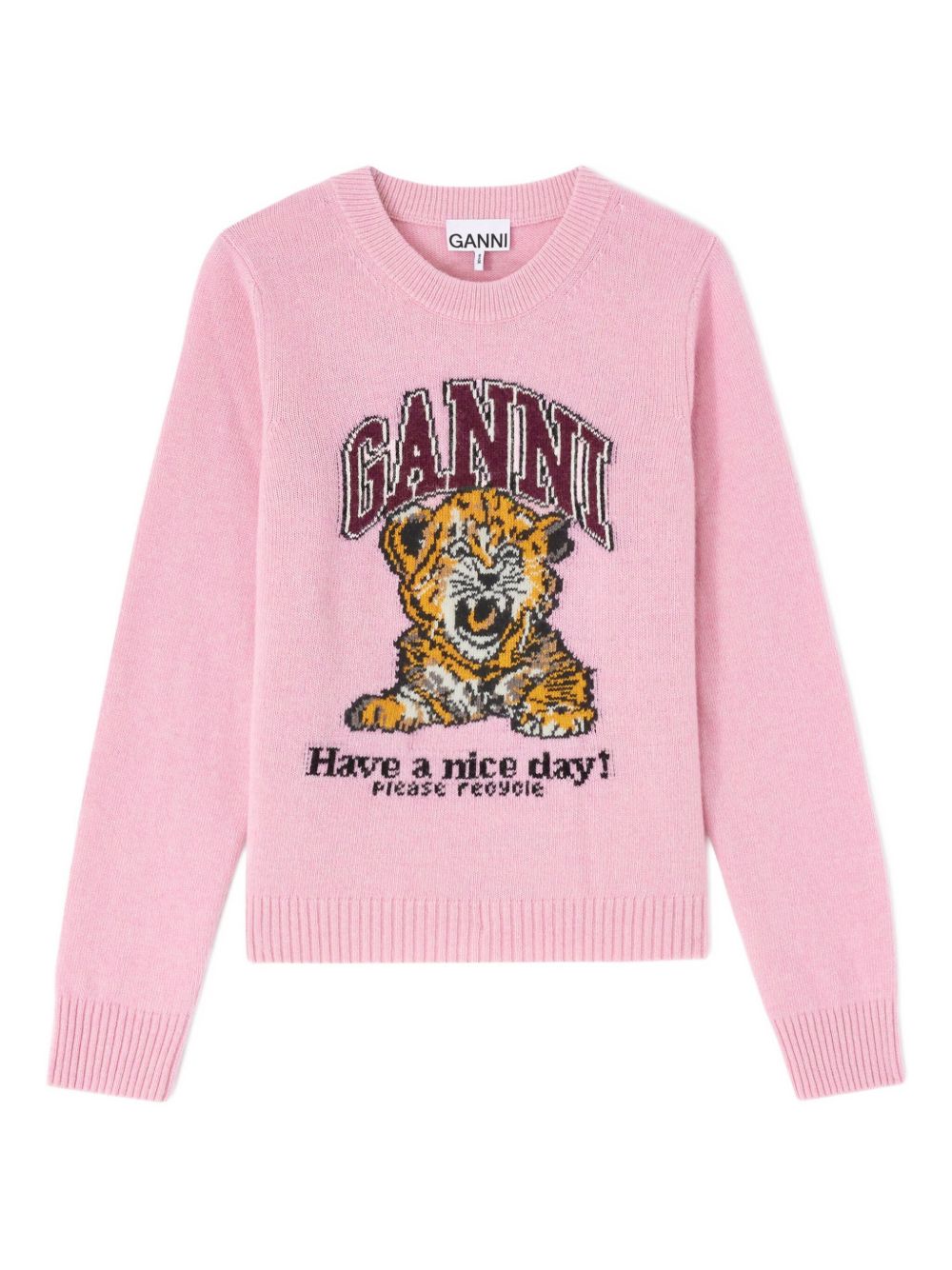 Ganni Light Pink Graphic Wool Crewneck Sweater Pink