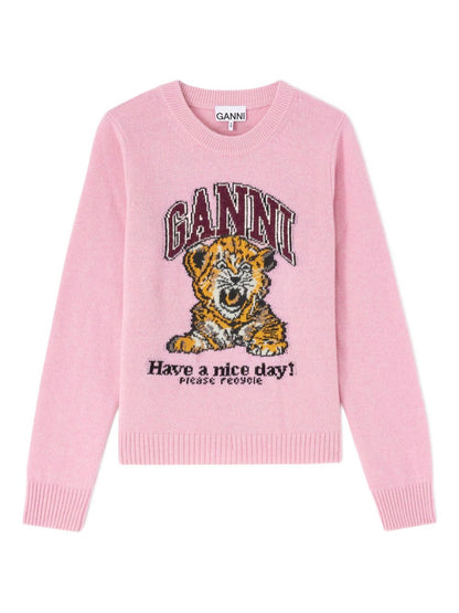 Ganni Light Pink Graphic Wool Crewneck Sweater Pink