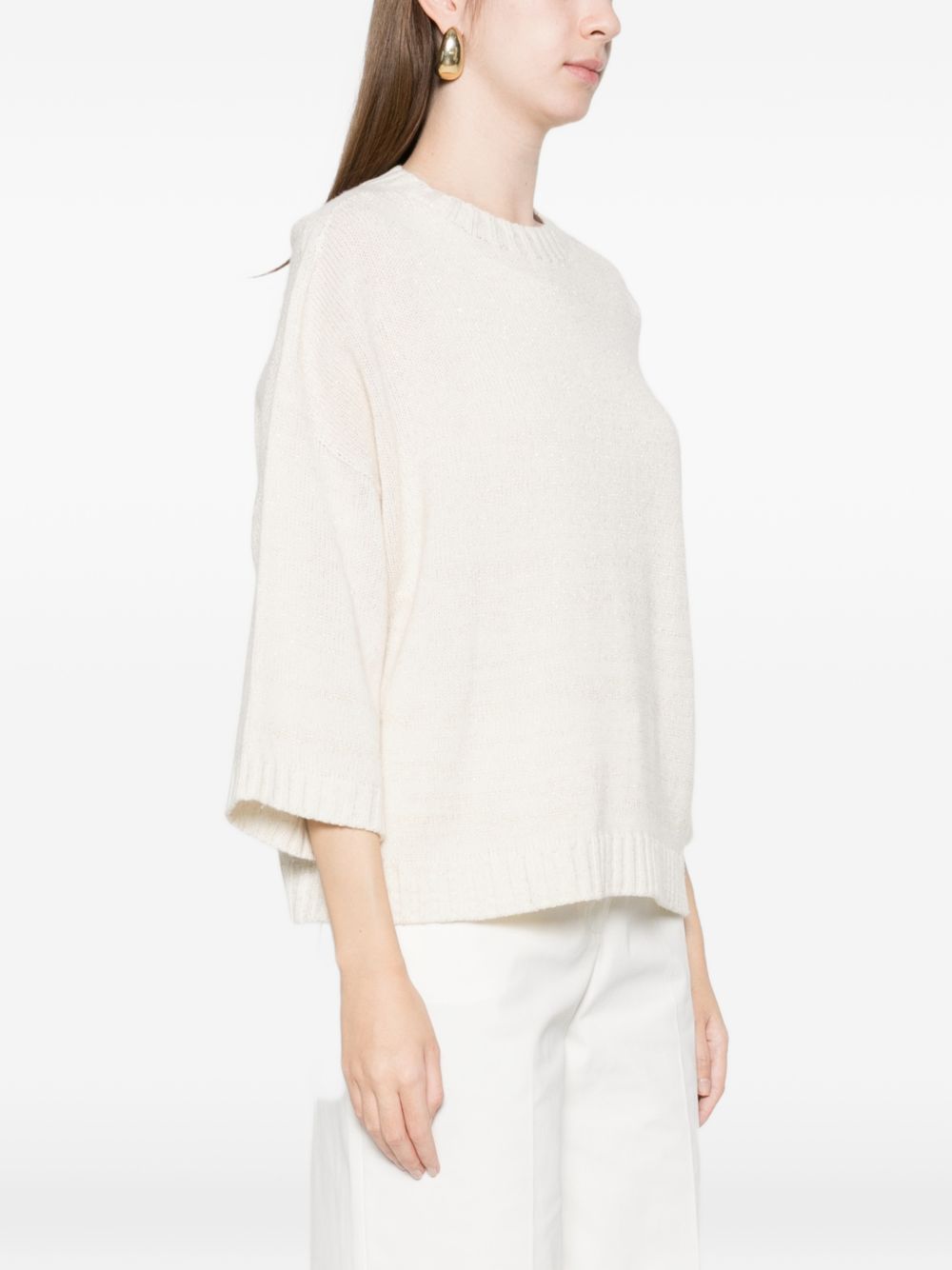 Fabiana Filippi Knitted Wool-Blend Short-Sleeve Sweater Beige