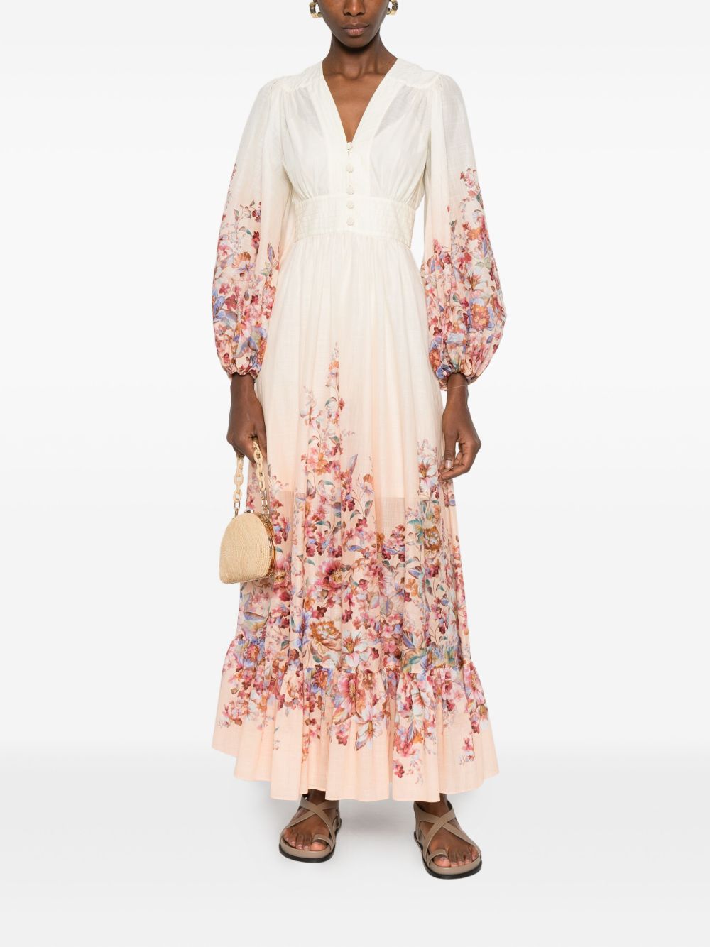 Zimmermann Ivory Floral Cotton Maxi Dress with Button Fastening and Long Sleeves Ivory