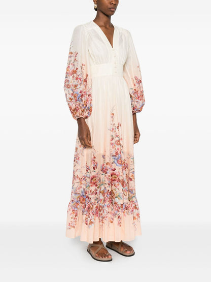 Zimmermann Ivory Floral Cotton Maxi Dress with Button Fastening and Long Sleeves Ivory