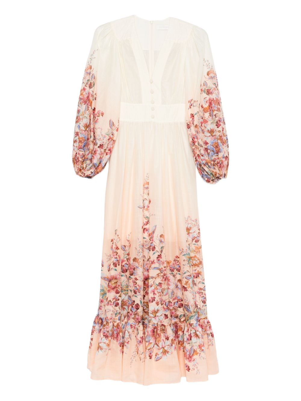 Zimmermann Ivory Floral Cotton Maxi Dress with Button Fastening and Long Sleeves Ivory