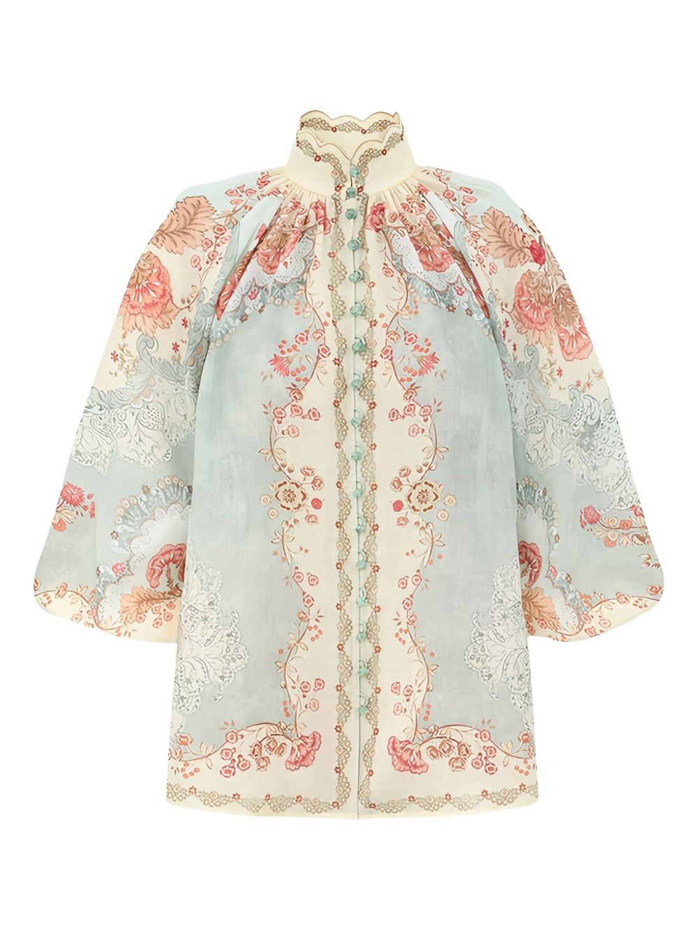 Zimmermann Acacia-Print High-Neck Ramie Blouse Clear Blue