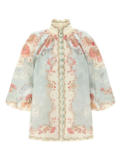 Zimmermann Acacia-Print High-Neck Ramie Blouse Clear Blue
