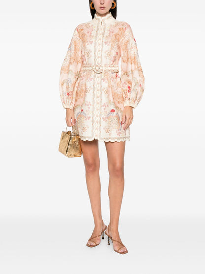 Zimmermann Daylight Floral Linen Mini Dress Beige