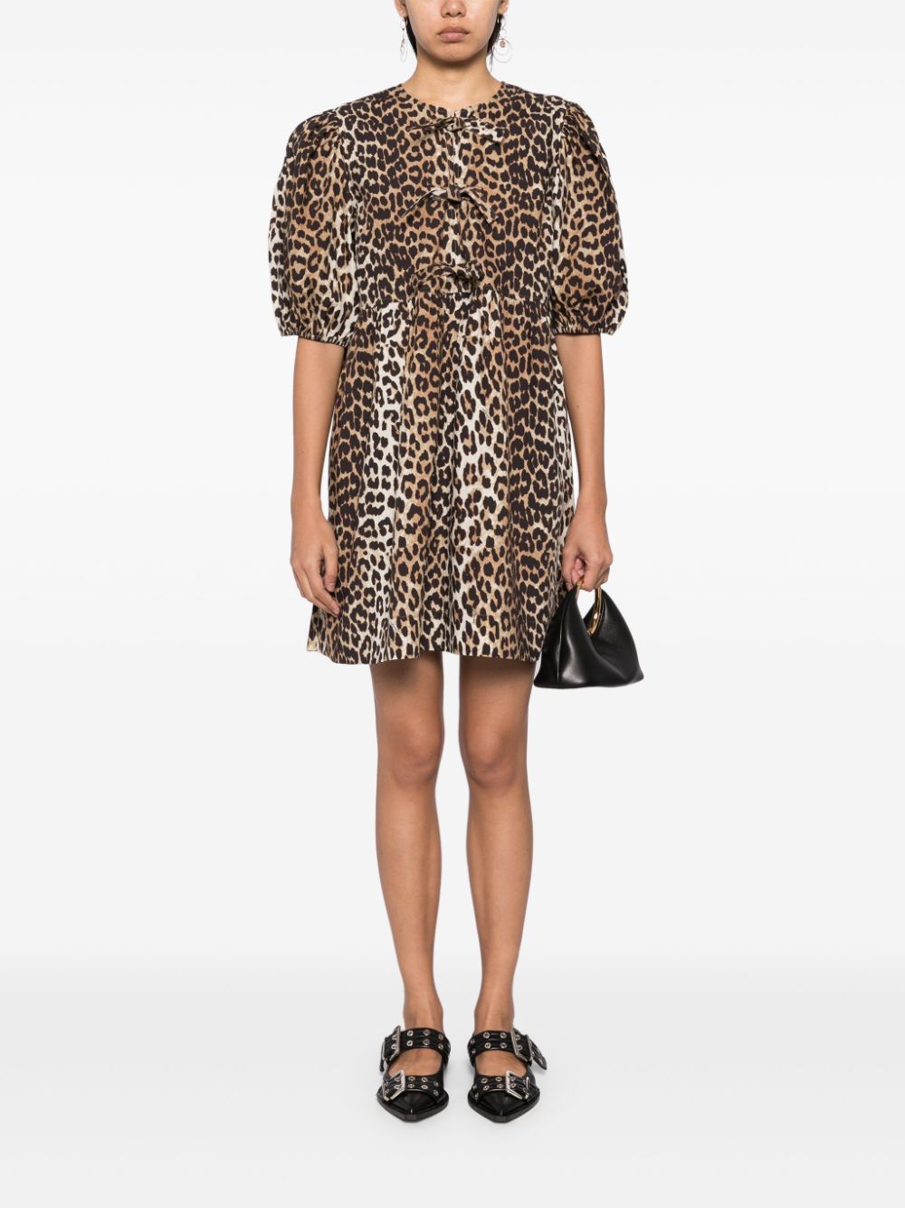 Ganni Leopard Organic Cotton Mini Dress Brown