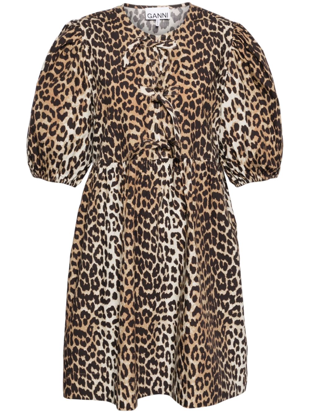 Ganni Leopard Organic Cotton Mini Dress Brown