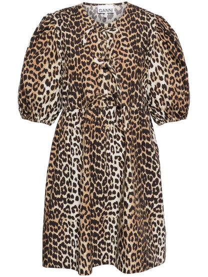Ganni Leopard Organic Cotton Mini Dress Brown
