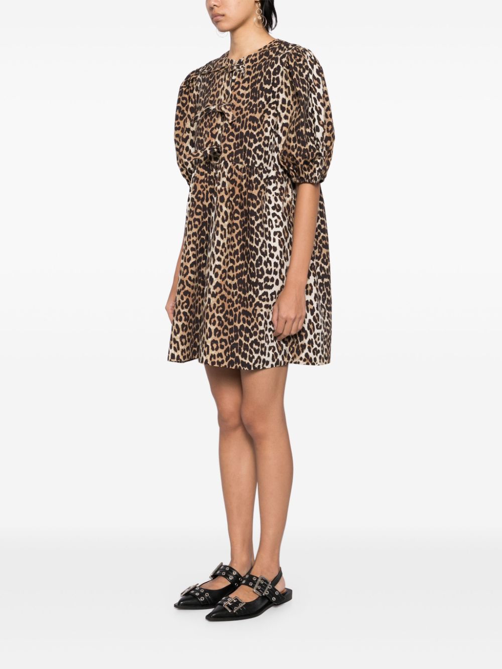 Ganni Leopard Organic Cotton Mini Dress Brown