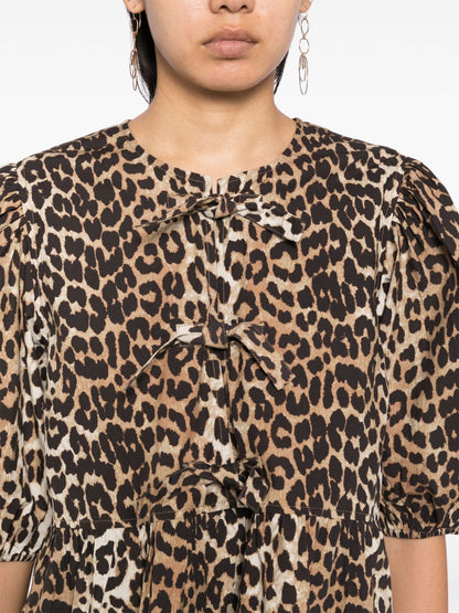 Ganni Leopard Organic Cotton Mini Dress Brown