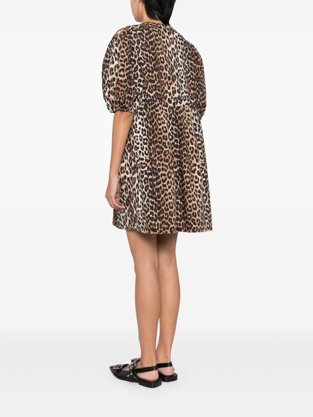 Ganni Leopard Organic Cotton Mini Dress Brown