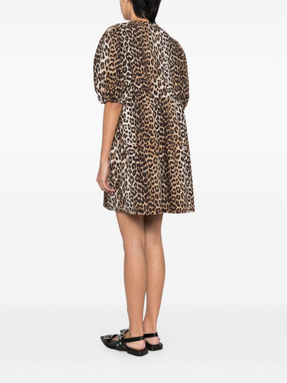 Ganni Leopard Organic Cotton Mini Dress Brown
