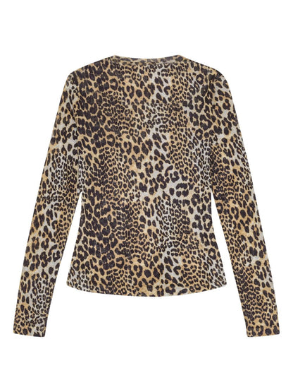 Ganni Leopard Print Crew Neck Top Brown
