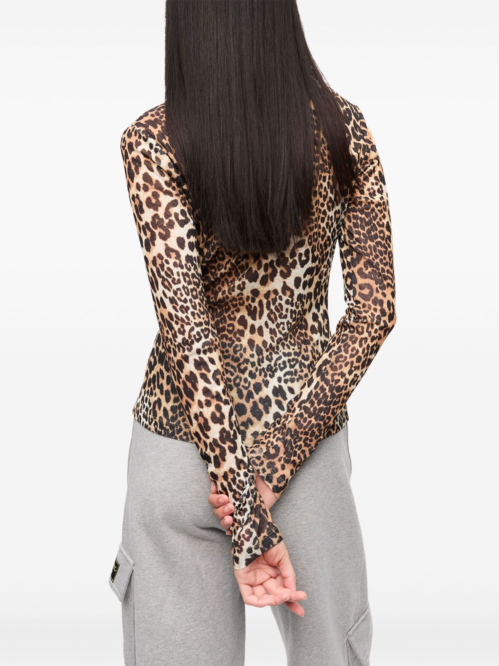 Ganni Leopard Print Crew Neck Top Brown