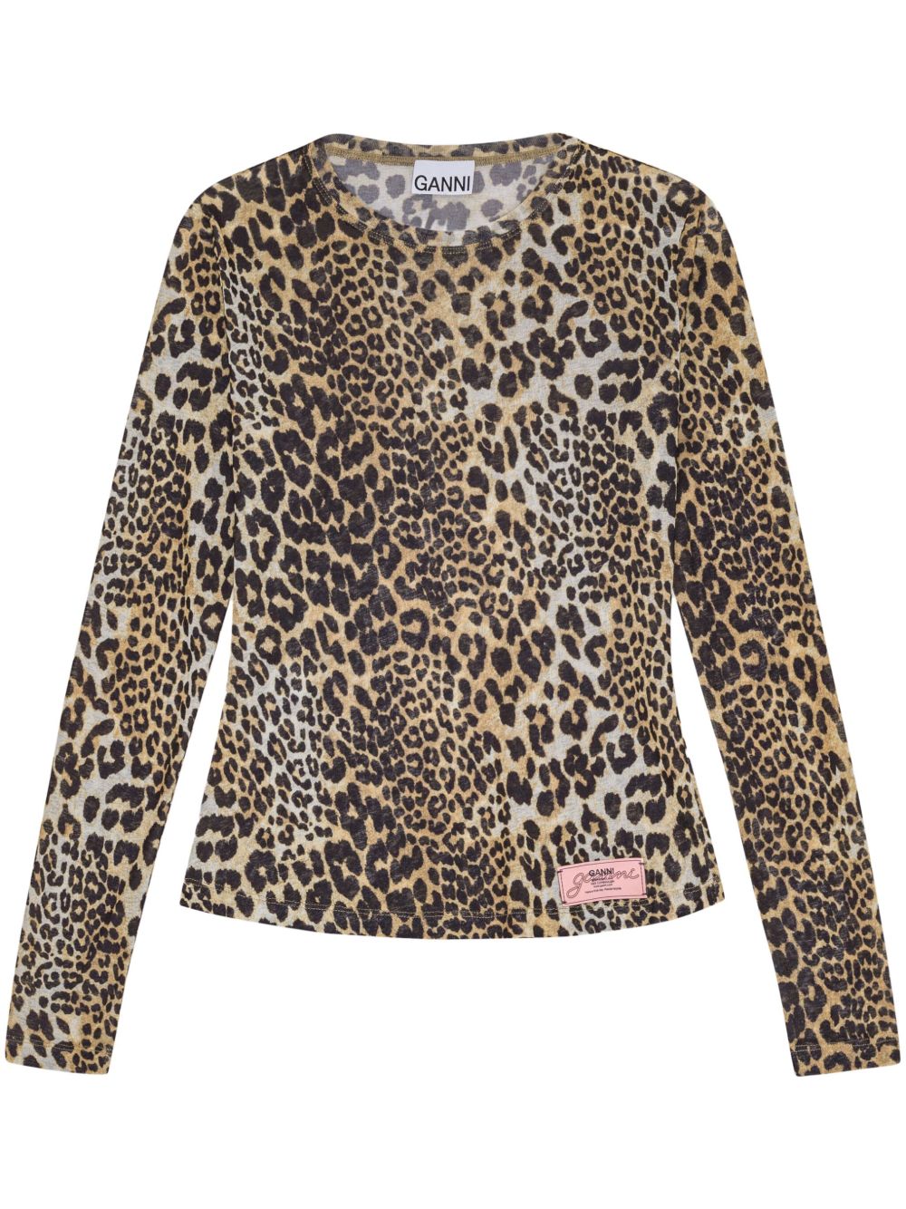 Ganni Leopard Print Crew Neck Top Brown