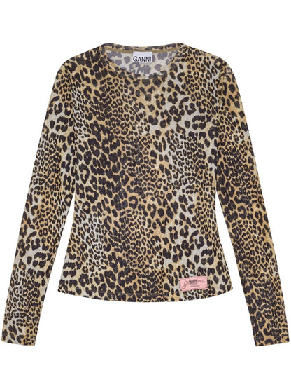 Ganni Leopard Print Crew Neck Top Brown
