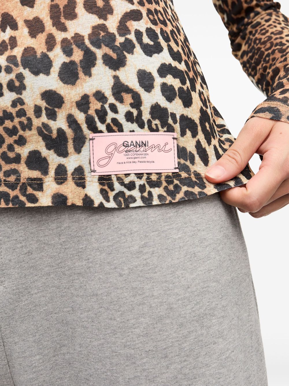 Ganni Leopard Print Crew Neck Top Brown